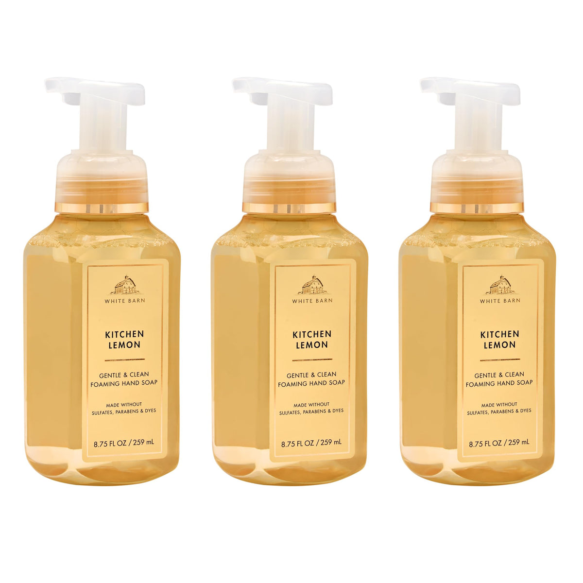 Bath & Body Works front packaging showing three Kitchen Lemon bottles and bright label, highlights value