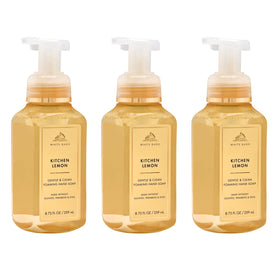 Bath & Body Works front packaging showing three Kitchen Lemon bottles and bright label, highlights value