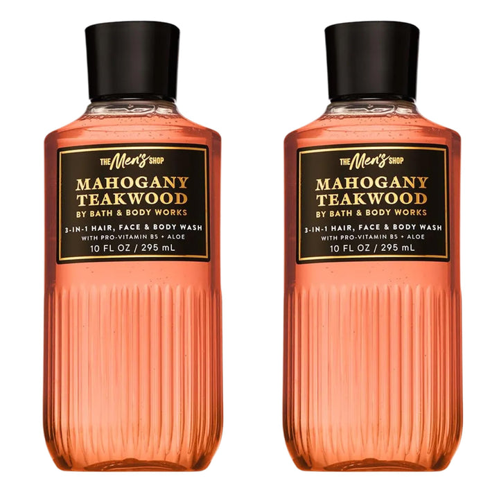 Bath & Body Works front bottle shot showing mahogany teakwood scent and clear benefits