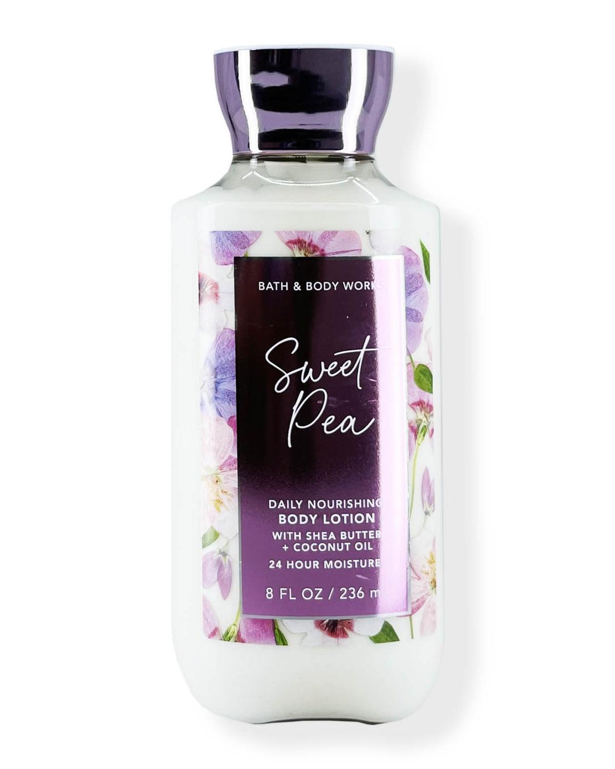 Bath & Body Works Sweet Pea front packaging showing bottle and sizing benefit