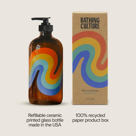 Bathing Culture recycled glass texture closeup emphasizing sustainable packaging benefit