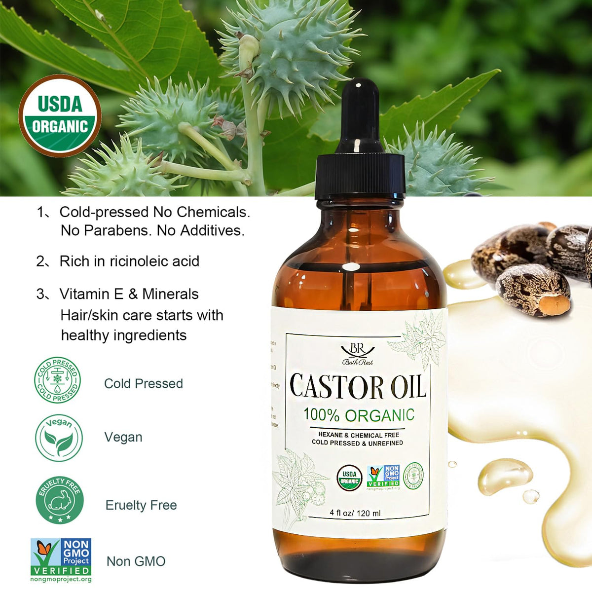 Bathrest castor oil being poured to show purity and smooth flow