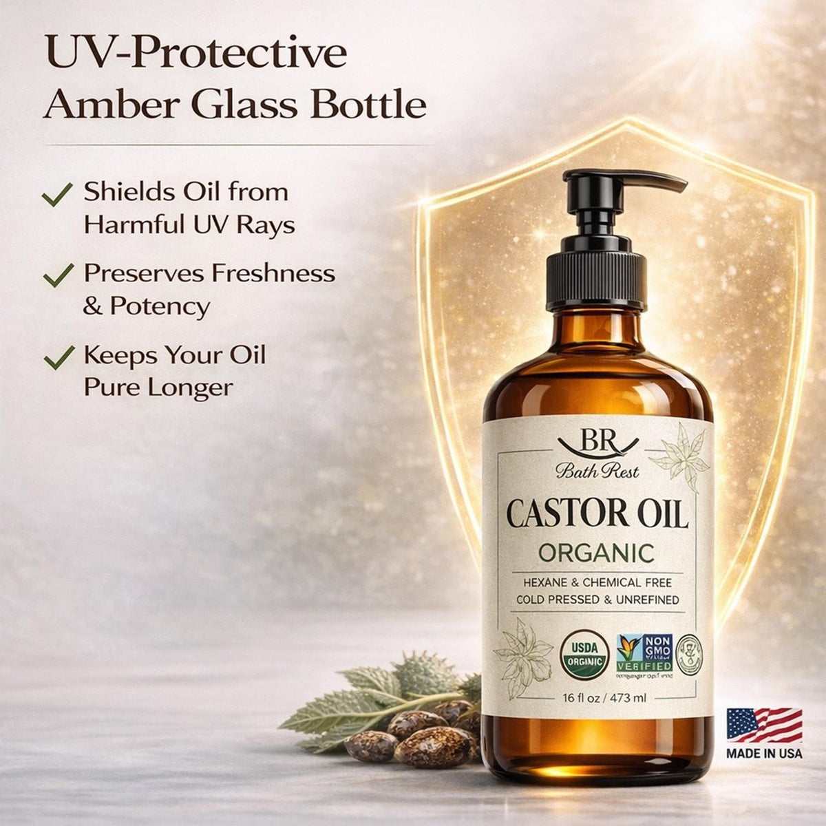 Bathrest castor oil pouring onto hand showing rich texture and hydration benefit