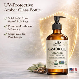 Bathrest castor oil pouring onto hand showing rich texture and hydration benefit