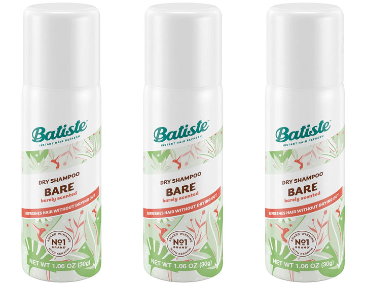 Batiste bare mini front packaging showing compact travel cans and easy refresh