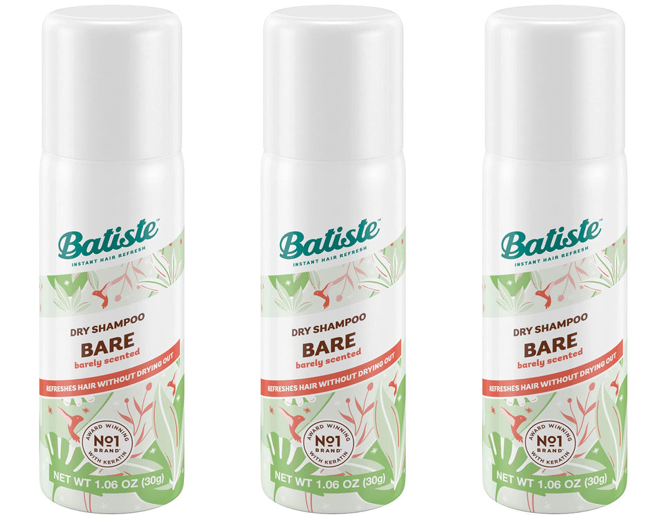 Batiste bare mini front packaging showing compact travel cans and easy refresh