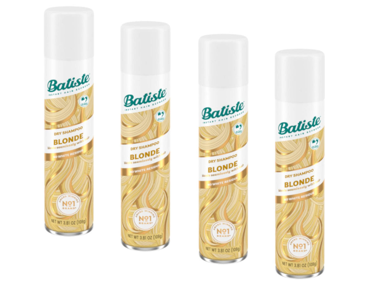 Batiste front packaging showing four blonde dry shampoo cans for quick refresh