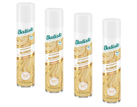 Batiste front packaging showing four blonde dry shampoo cans for quick refresh