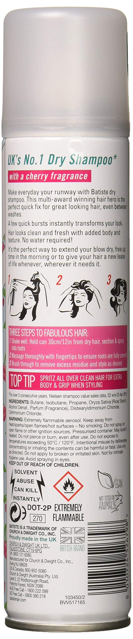 Batiste cherry spray in use on roots adds instant volume and oil control