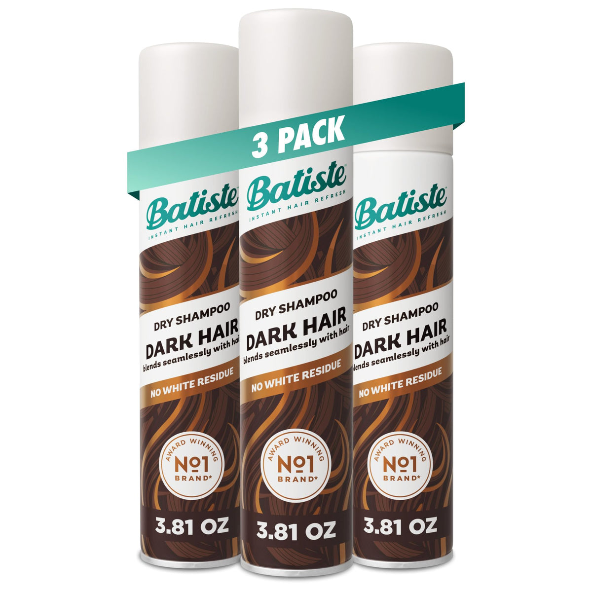 Batiste dark front packaging showing three bottles and tinted dry shampoo benefit
