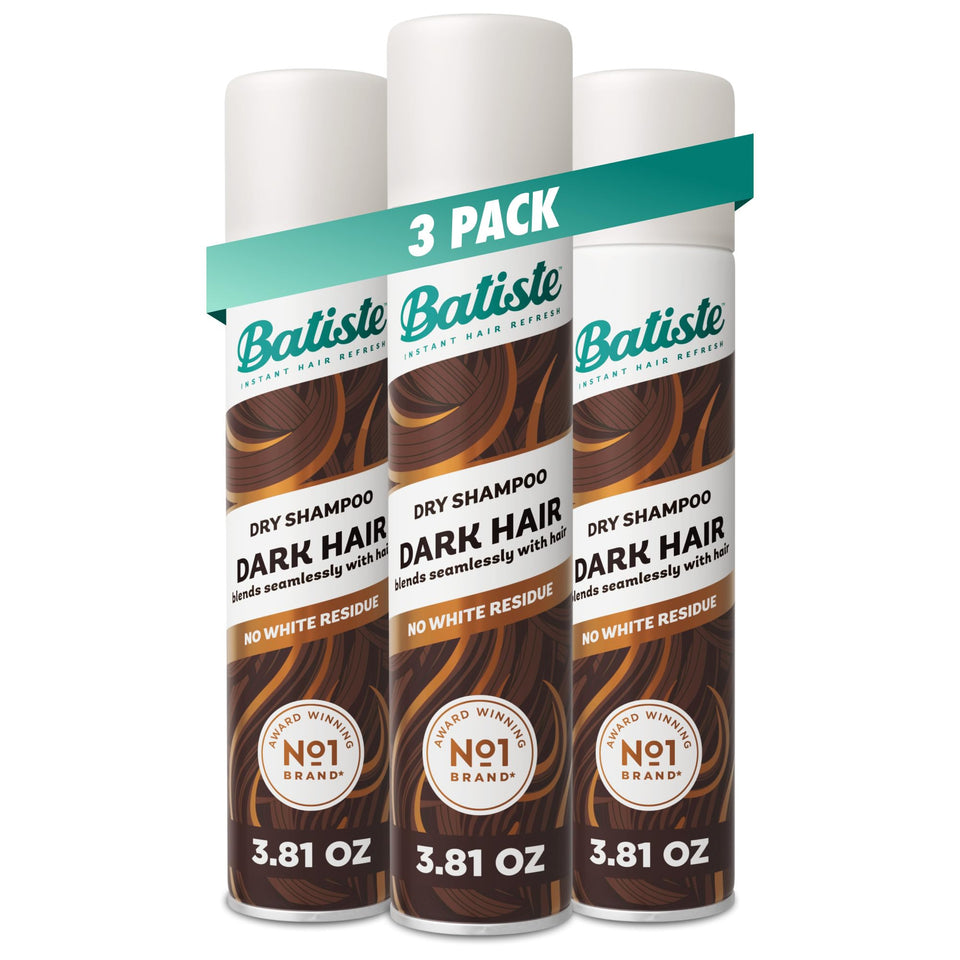 Batiste dark front packaging showing three bottles and tinted dry shampoo benefit