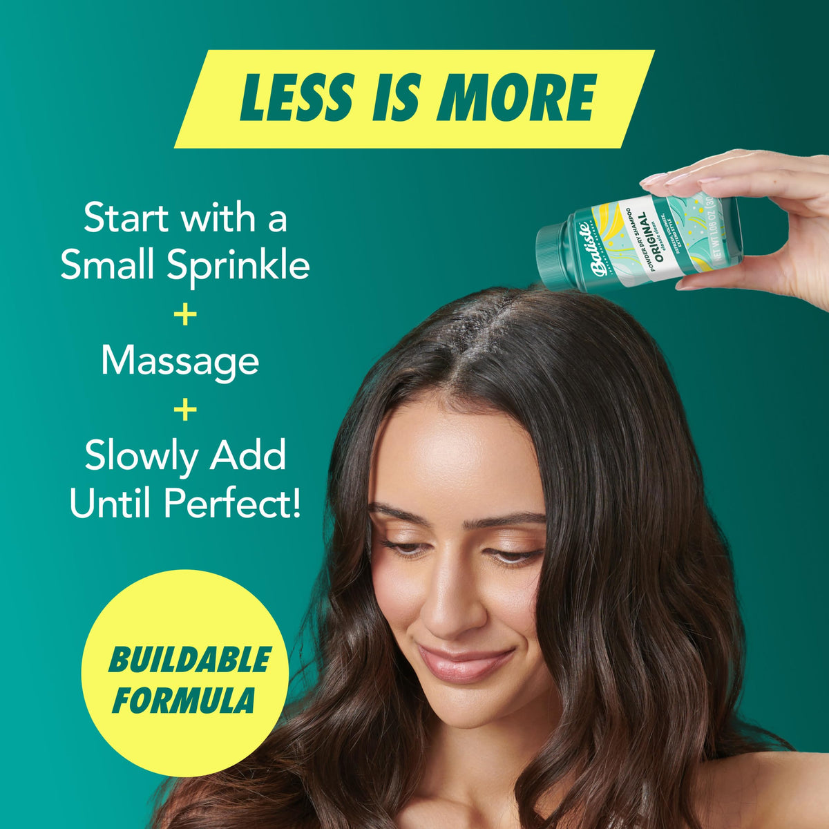 Batiste being applied at hair roots to absorb oil and instantly add lift