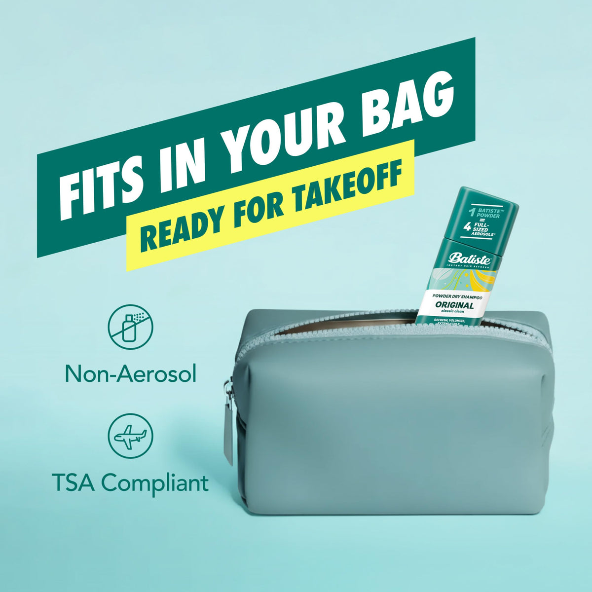 Batiste on bathroom counter with toiletries highlighting everyday convenience and styling aid