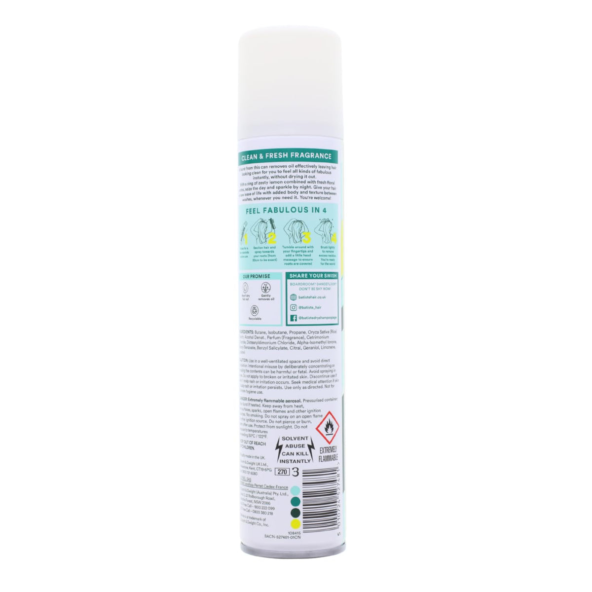 Batiste dry shampoo original spray close-up showing fine mist and quick oil absorption benefit