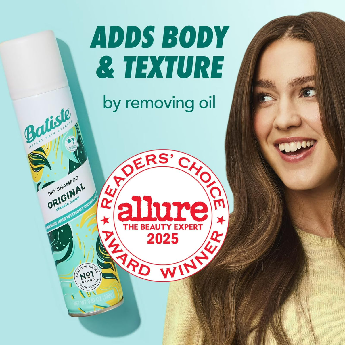 Batiste size comparison beside a hand to show compact, travel-friendly benefit