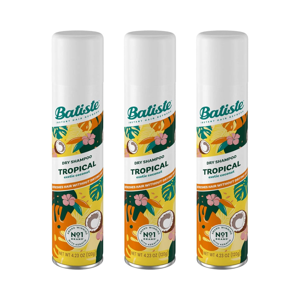 Batiste bottle front view showing Tropical scent and benefit of fresh hair