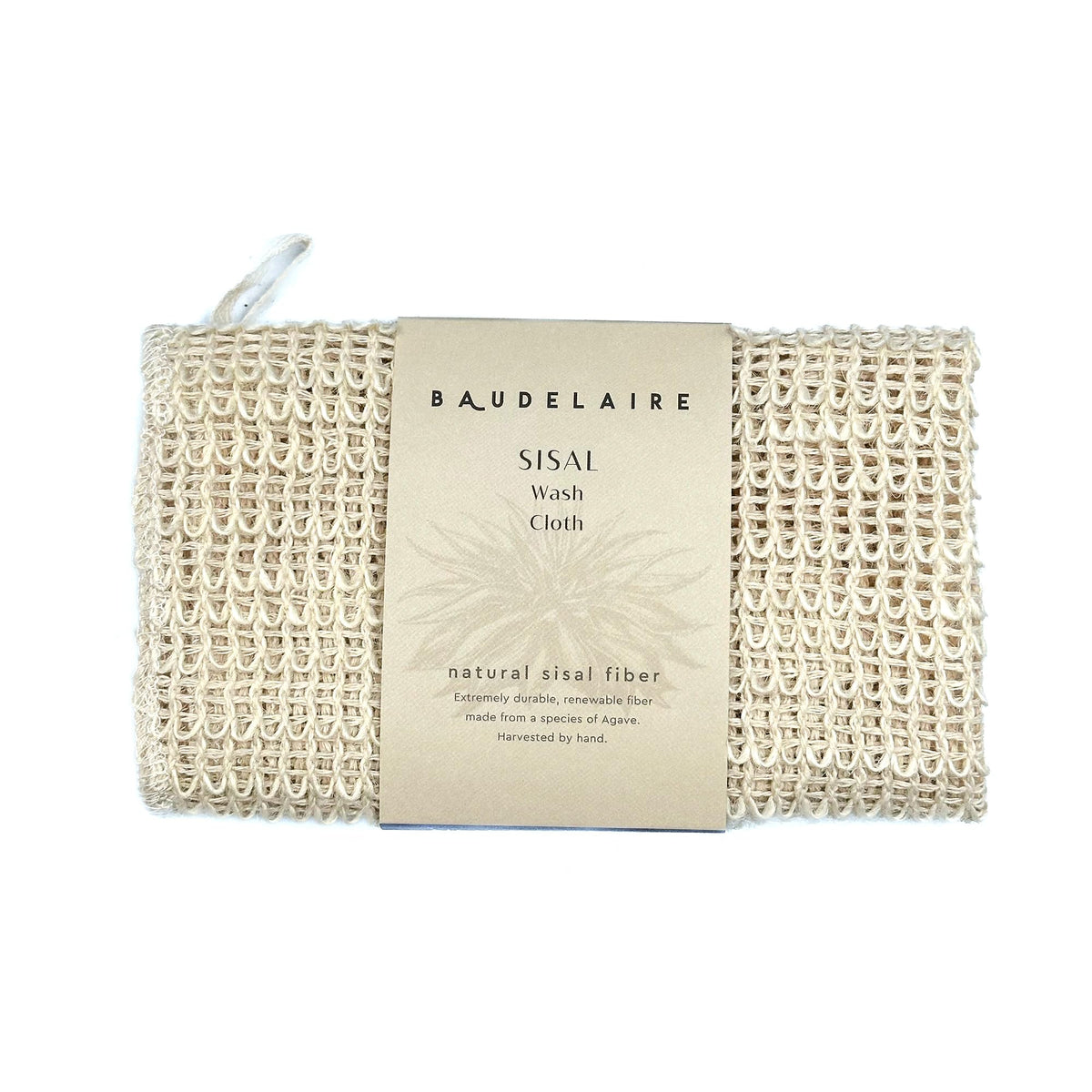 Baudelaire front view of sisal washcloth showing packaging and natural look benefits