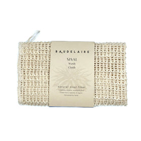 Baudelaire front view of sisal washcloth showing packaging and natural look benefits