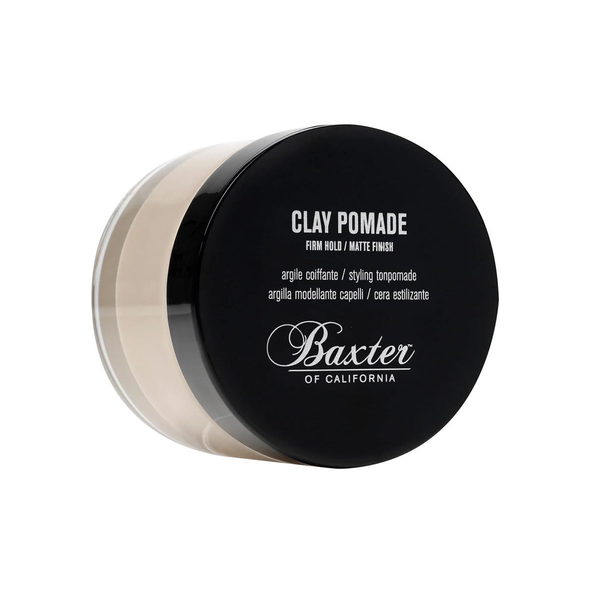 Baxter of California Clay Pomade front jar showing clean matte packaging and strong-hold promise