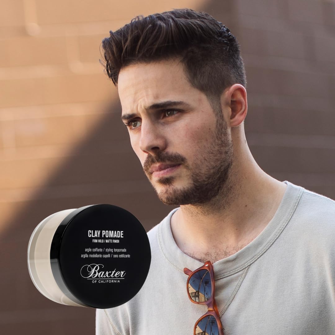Model side profile styled with Baxter of California Clay Pomade showing natural matte texture and definition
