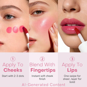 bayfree model applying tint to lips and cheeks, dual-use versatility shown