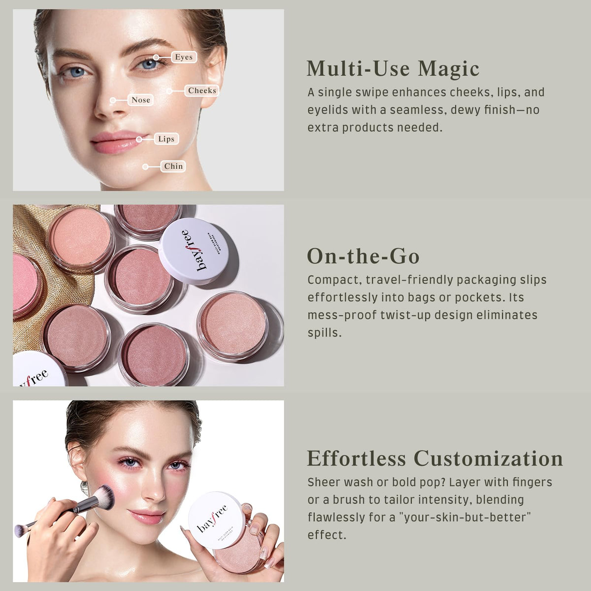 bayfree applying balm to cheek with fingers for dewy natural color