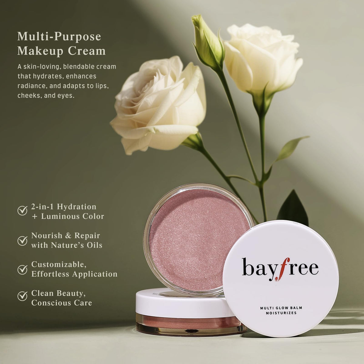 bayfree applying balm to cheek with fingers for hydrated, natural blush