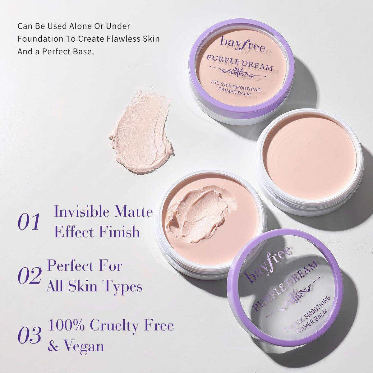 bayfree open balm texture displaying creamy pressed silk finish for blurring