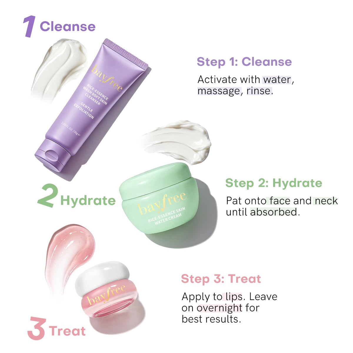 bayfree water cream swiped on wrist showing quick-absorbing hydration