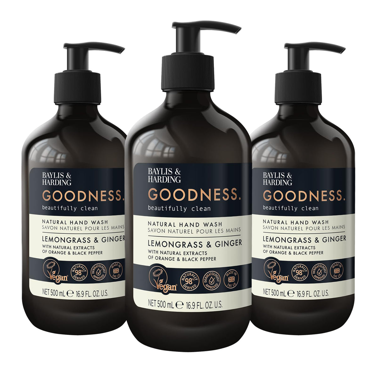 Baylis & Harding front packaging shows three 500ml bottles and premium benefit