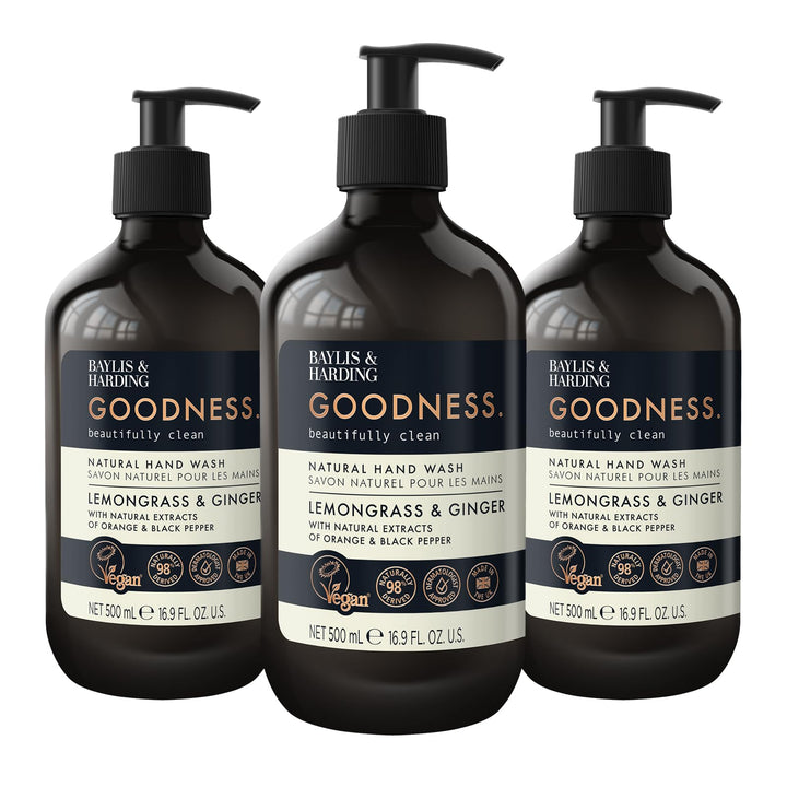 Baylis & Harding front packaging shows three 500ml bottles and premium benefit