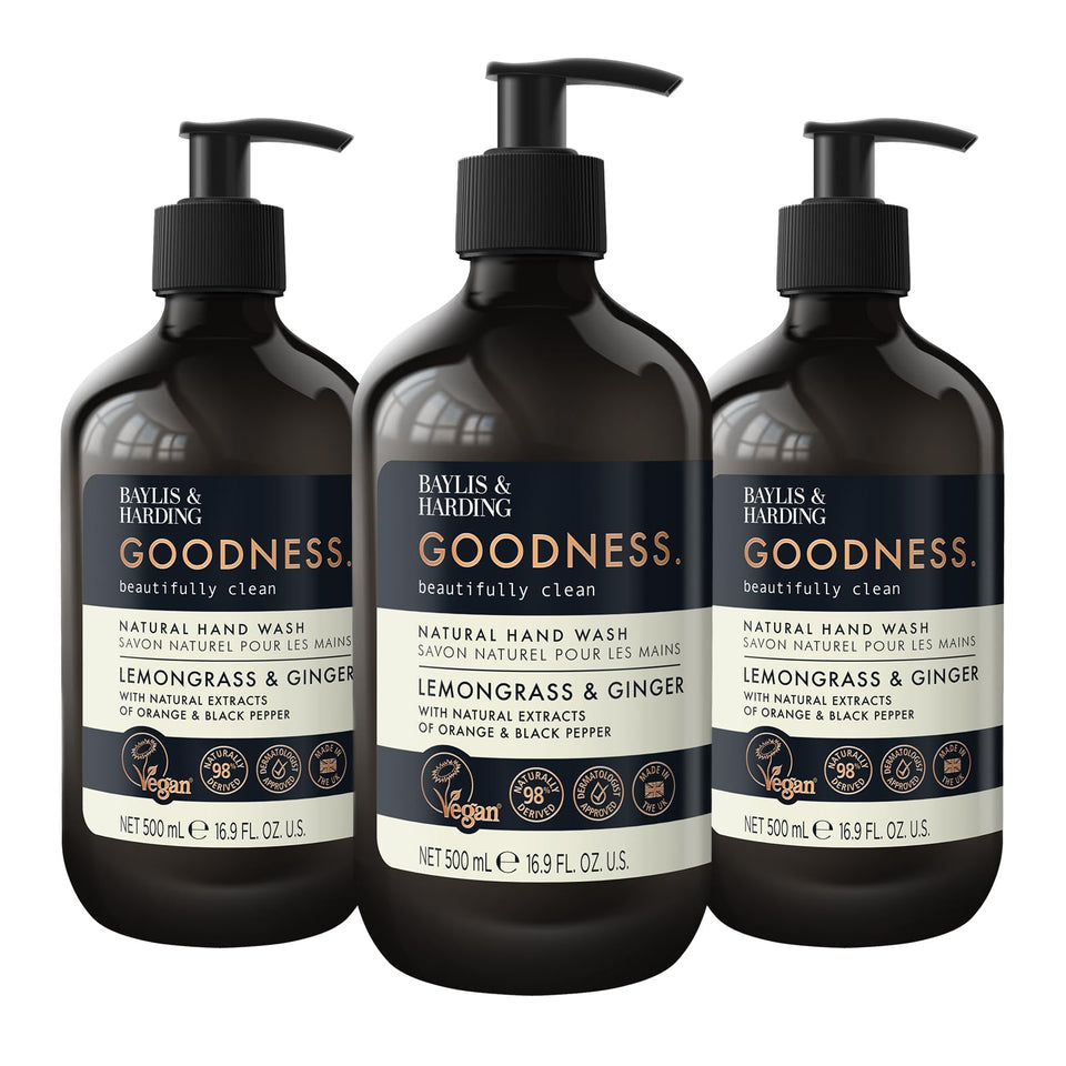 Baylis & Harding front packaging shows three 500ml bottles and premium benefit