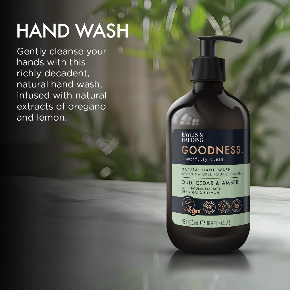 Baylis & Harding ingredient label close-up highlighting 98% plant-based and additive-free formula benefit