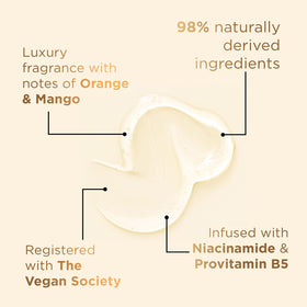 Baylis & Harding fragrance notes with orange and mango imagery for uplifting scent benefit