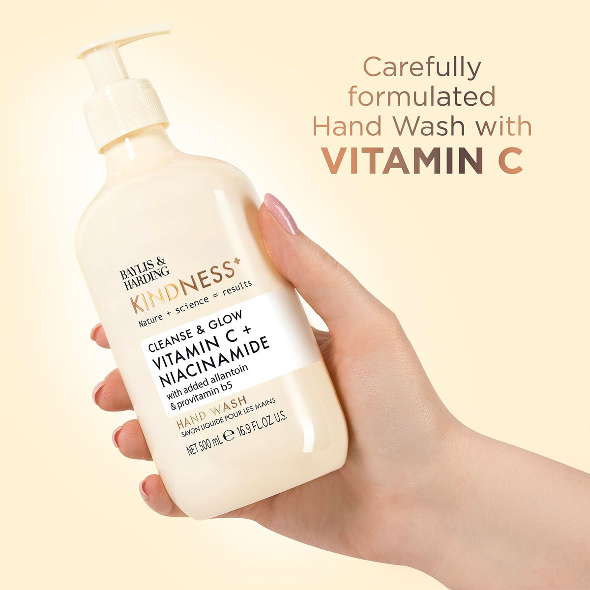 Baylis & Harding ingredient label close-up highlighting vitamin C and niacinamide benefit