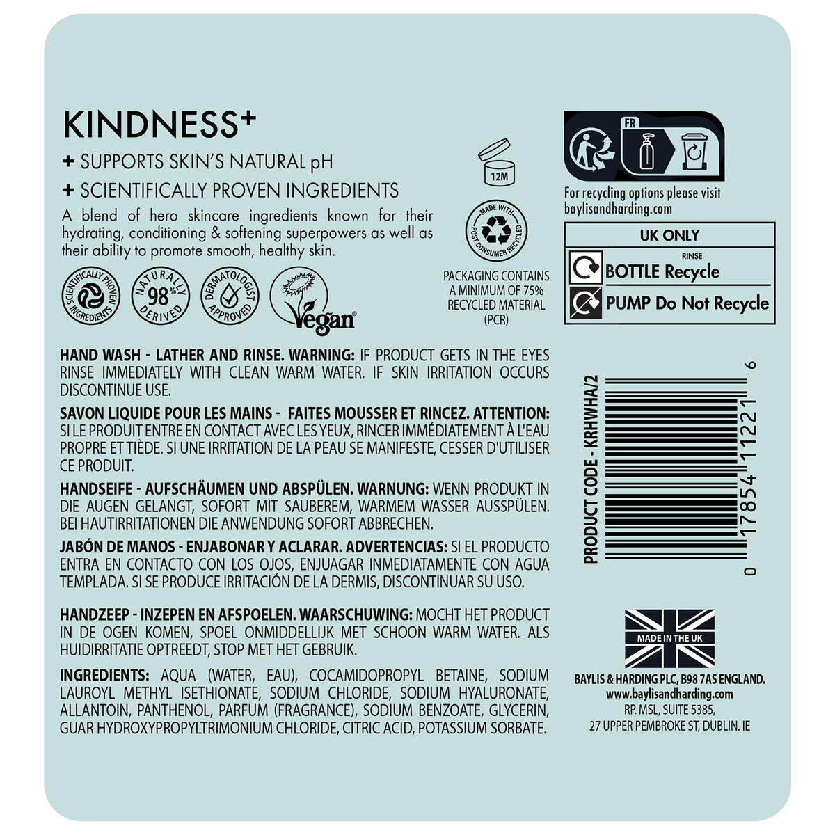 Baylis & Harding recycling and ethical icons indicating biodegradable and vegan focus