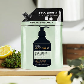 Baylis & Harding refill pouring into dispenser demonstrating easy refill benefit