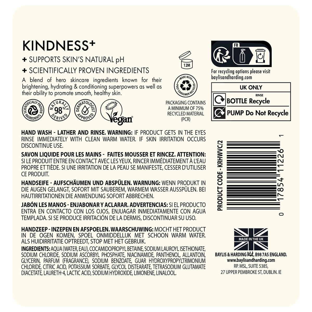 Baylis & Harding sustainability icons and recycling hinting at eco-friendly benefit