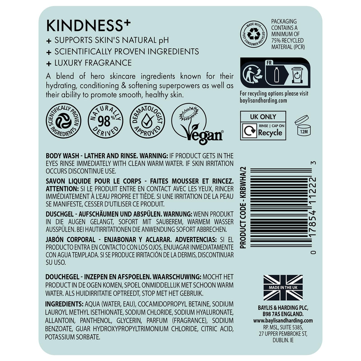 Baylis & Harding biodegradability and vegan badge close-up highlighting ethical benefit
