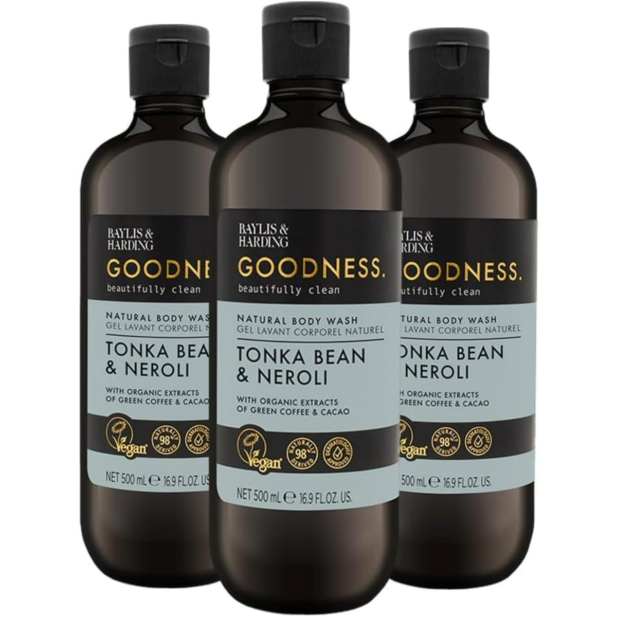 Baylis & Harding front packaging of tonka bean & neroli body wash showing elegant bottle