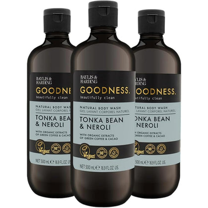Baylis & Harding front packaging of tonka bean & neroli body wash showing elegant bottle