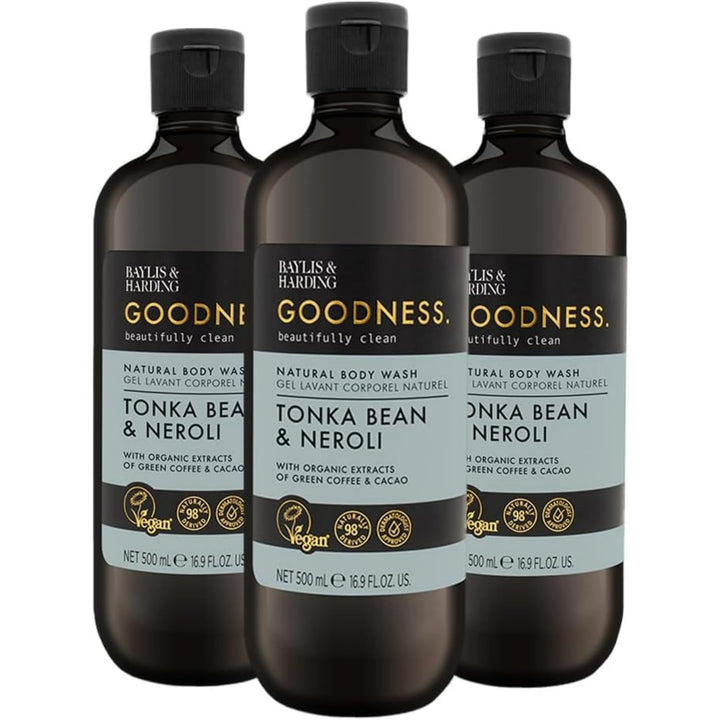 Baylis & Harding front packaging of tonka bean & neroli body wash showing elegant bottle