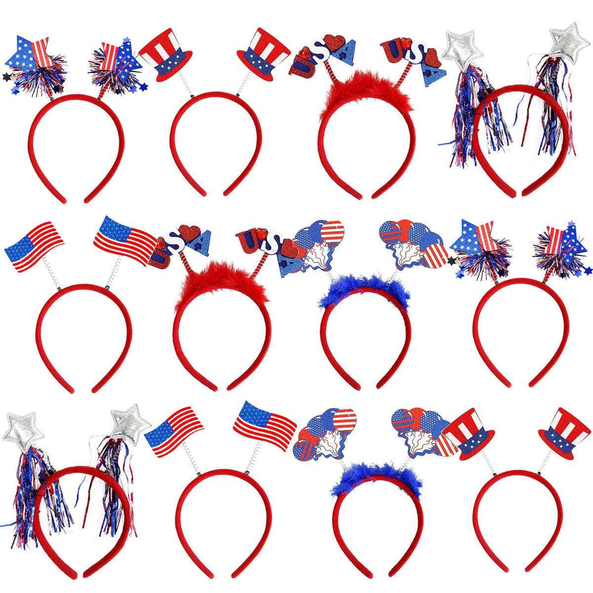 BBPOOL front-packaging showing all twelve patriotic headbands, easy party supply