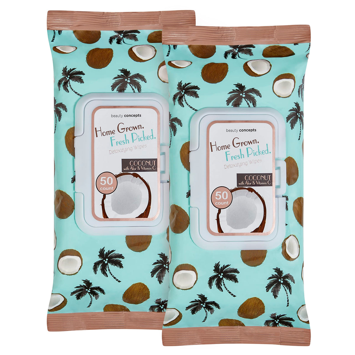 B.C. Beauty Concepts front packaging showing 2 x 50 count tubs and coconut imagery for convenient supply