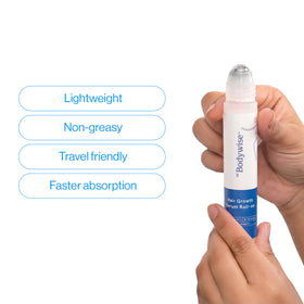 Be Bodywise bottle in a toiletry pouch showing travel-ready convenience and mess-free use