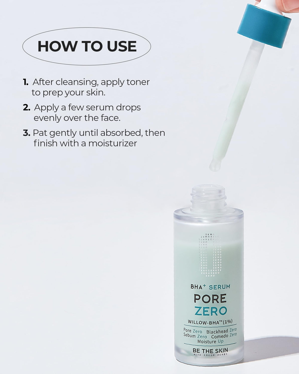BE THE SKIN green-tinted serum pouring, emphasizes natural chlorophyll and soothing action
