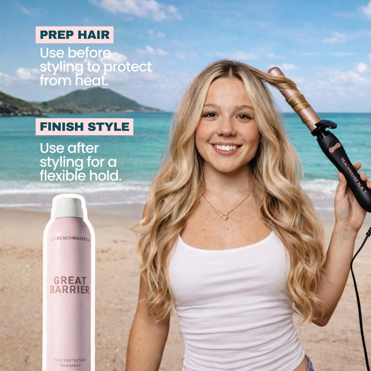 Beachwaver held in hand for scale, shows portable full-size 8.4 oz convenience