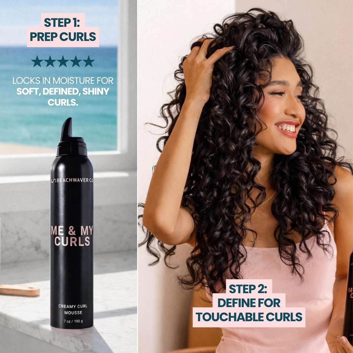 Beachwaver styled curls after use showing defined shiny curls benefit