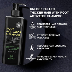 Beadlamey pump and label detail highlighting ingredients and benefits for scalp
