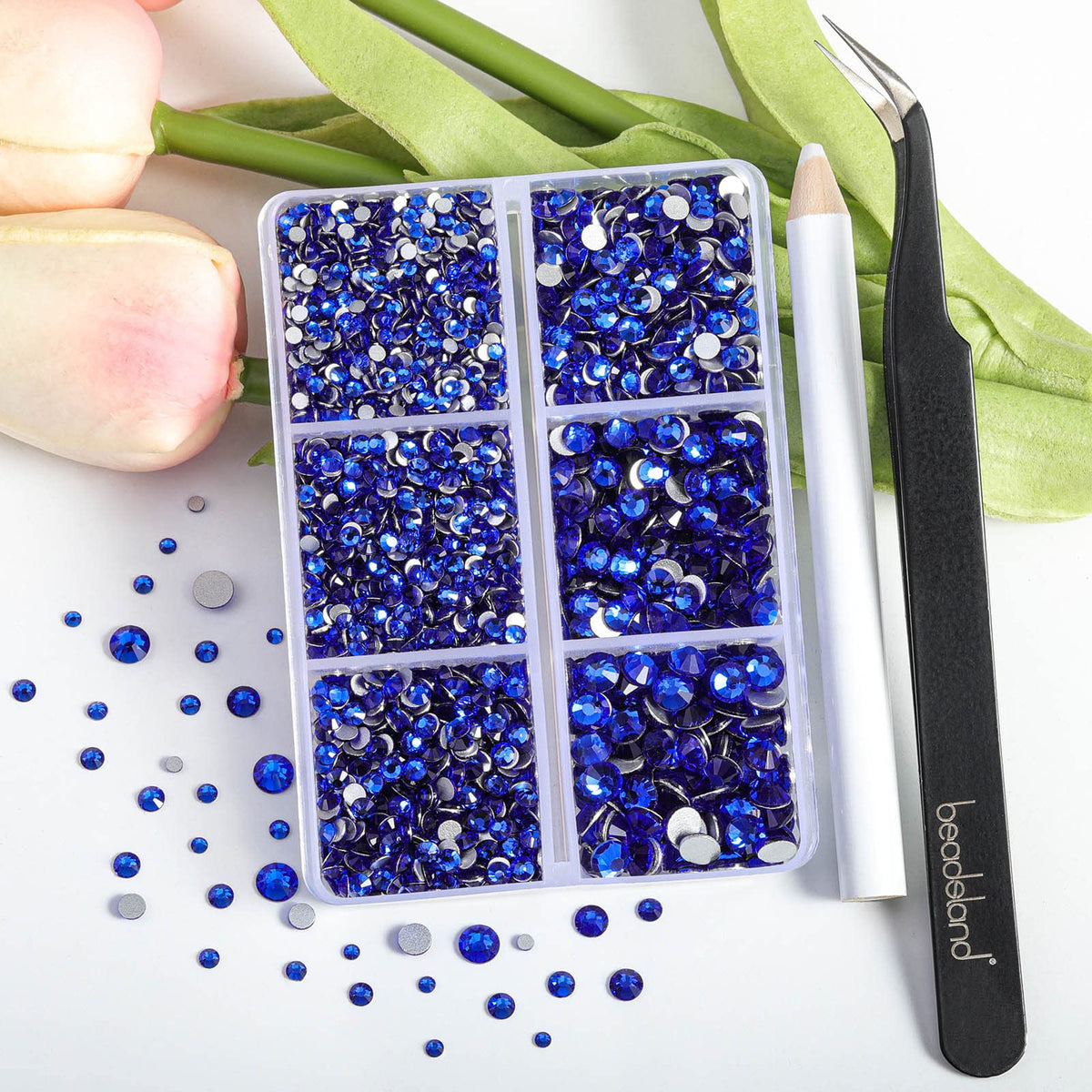 BEADSLAND close-up of sapphire rhinestone facets showing bright sparkle